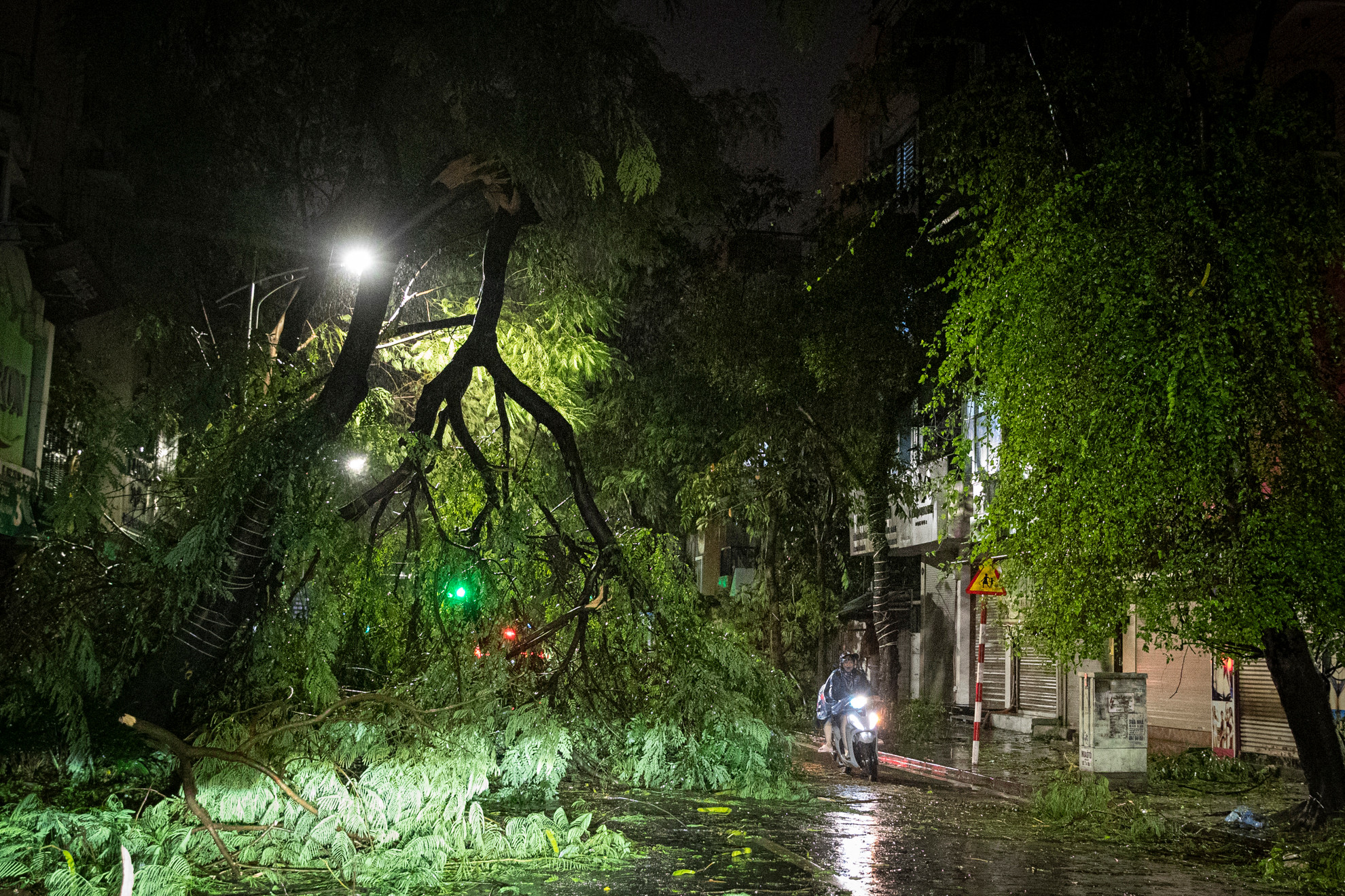 Dự báo mưa bão có diễn biến hết sức phức tạp, mưa bão, gió giật, Công an TP Hà Nội khuyến cáo các phương tiện không nên đi vào những tuyến phố có nhiều cây xanh lớn; người dân tuyệt đối không trú mưa dưới gốc cây.