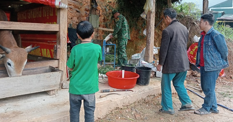 Thiếu tá Đặng Quốc Khánh hướng dẫn đồng bào cách chăm sóc bò vỗ béo.