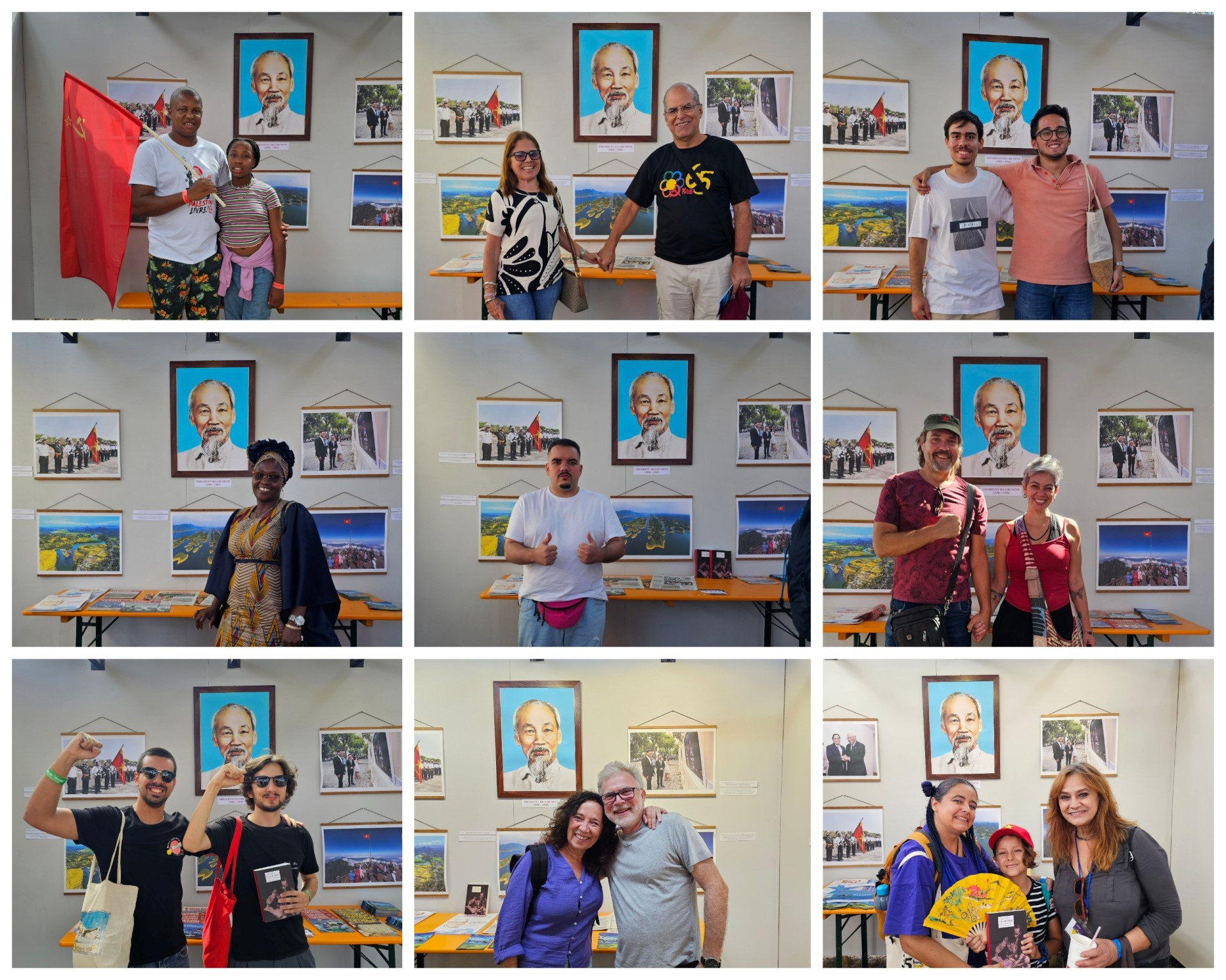 Bàn bè quốc tế phấn khởi có dịp chụp ảnh lưu niệm dưới chân dung Chủ tịch Hồ Chí Minh, vị lãnh tụ vĩ đại của nhân dân Việt Nam và người bạn lớn của bạn bè thế giới.