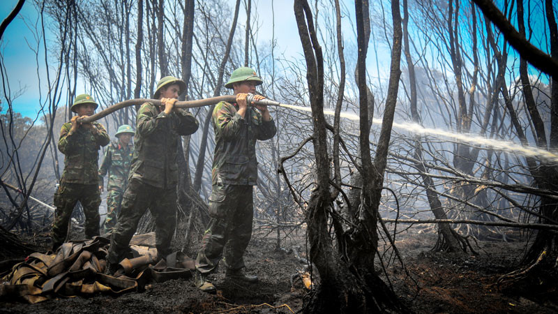 Bất chấp những hiểm nguy và khó khăn trong quá trình chữa cháy, di chuyển, sinh hoạt... hàng trăm cán bộ, chiến sĩ lực lượng vũ trang vẫn ngày, đêm túc trực, khoanh vùng, khống chế ngọn lửa.