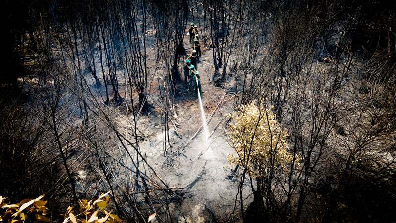Chiến đấu với “giặc lửa” liên tục nhiều ngày, nhiều cán bộ, chiến sĩ kiệt sức nhưng vẫn quyết tâm “bám rừng” khống chế hoàn toàn ngọn lửa.