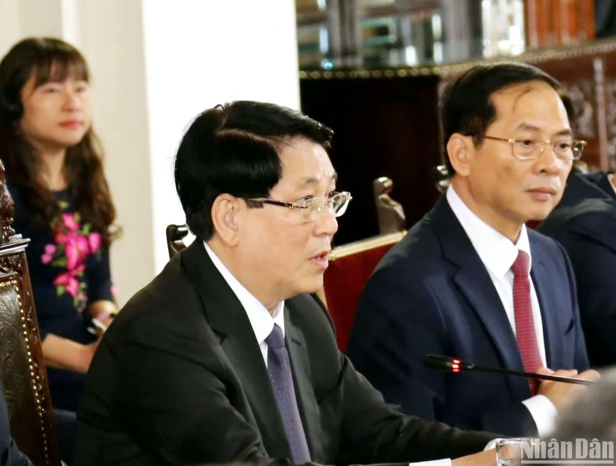 Chủ tịch nước Lương Cường phát biểu tại hội đàm. Chủ tịch nước Lương Cường phát biểu tại hội đàm.