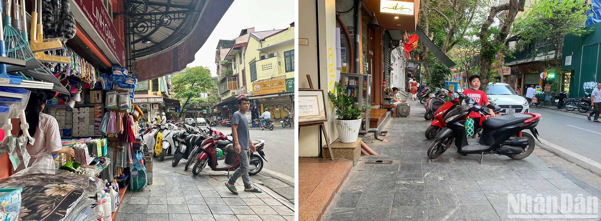 Trên phố Hàng Đào hay Lý Quốc Sư, khi các cửa hàng đã dọn dẹp phong quang thì những chiếc xe máy vẫn loay hoay tìm chỗ đỗ. (Ảnh: Bích Thu)