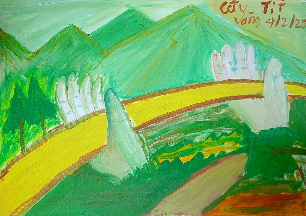 Một số bức vẽ về cây cầu của Tạ Đức Bảo Nam. Cây cầu trong tranh của trẻ tự kỷ không chỉ là một công trình kiến trúc. Nó có thể là một đường cong màu sắc, một nhịp cầu uốn lượn, hay thậm chí là một cấu trúc không gian ba chiều ngẫu hứng. (Ảnh: Gia đình cung cấp).