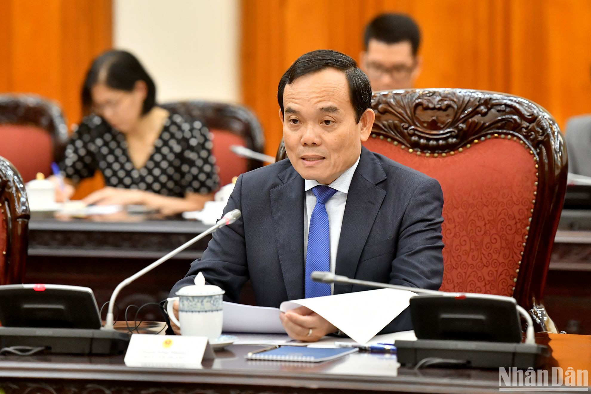 Phó Thủ tướng Trần Lưu Quang phát biểu tại cuộc hội đàm với Trưởng Khu hành chính đặc biệt Hồng Kông (Trung Quốc) Lý Gia Siêu.