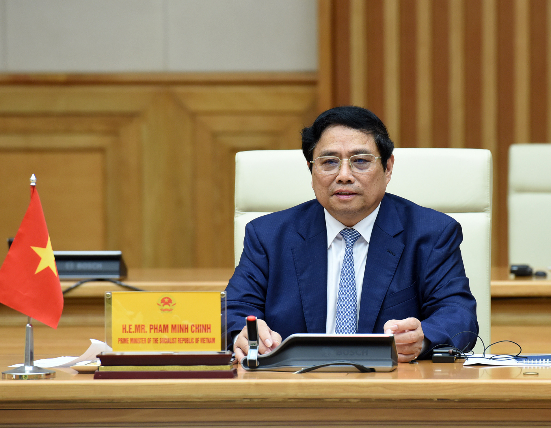 Thủ tướng Phạm Minh Chính phát biểu tại cuộc hội kiến Chủ tịch Quốc hội Phần Lan Jussi Halla-aho.