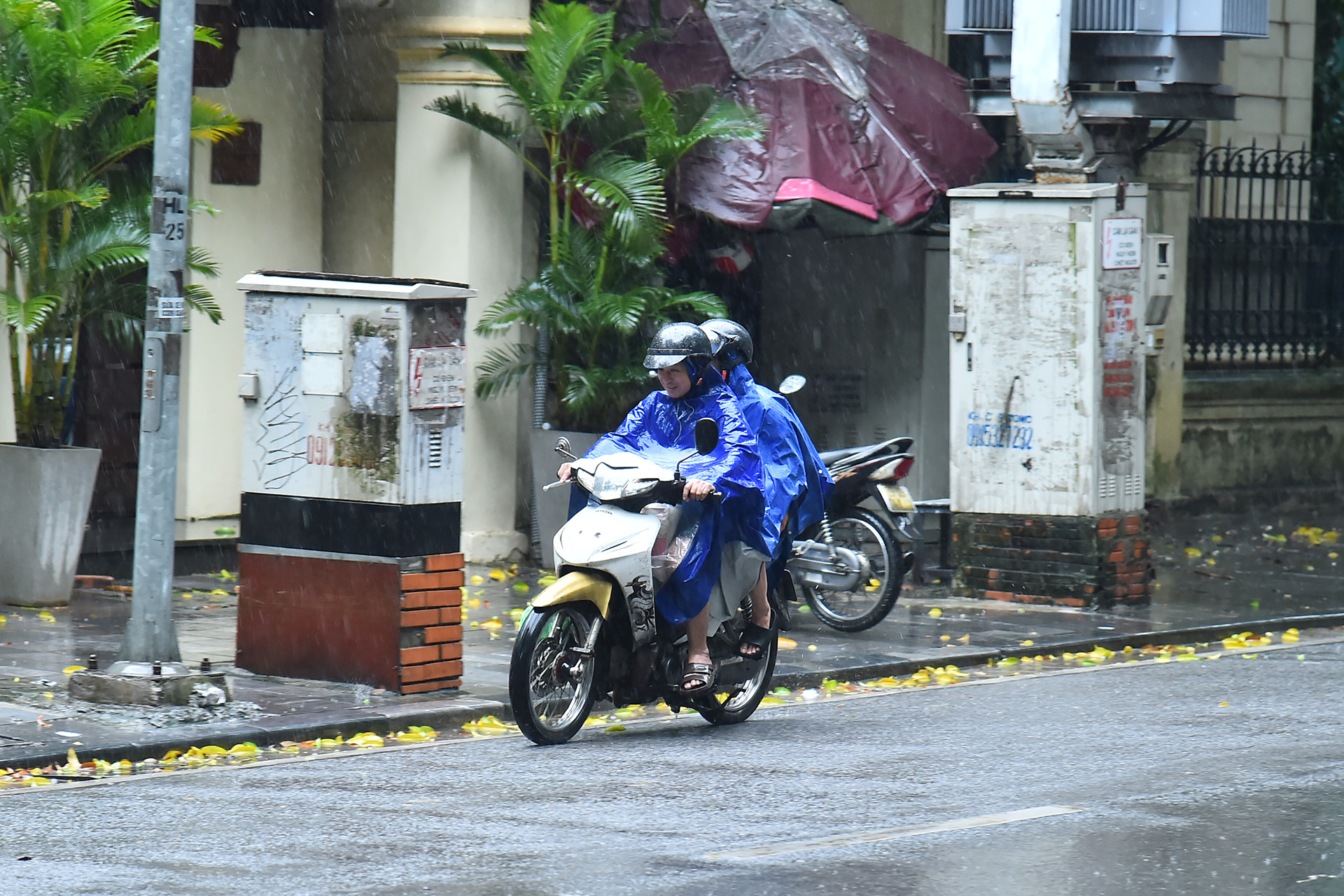 Người dân đi lại gặp khó khăn trong tình trạng mưa to, gió mạnh. (Ảnh: THỦY NGUYÊN)