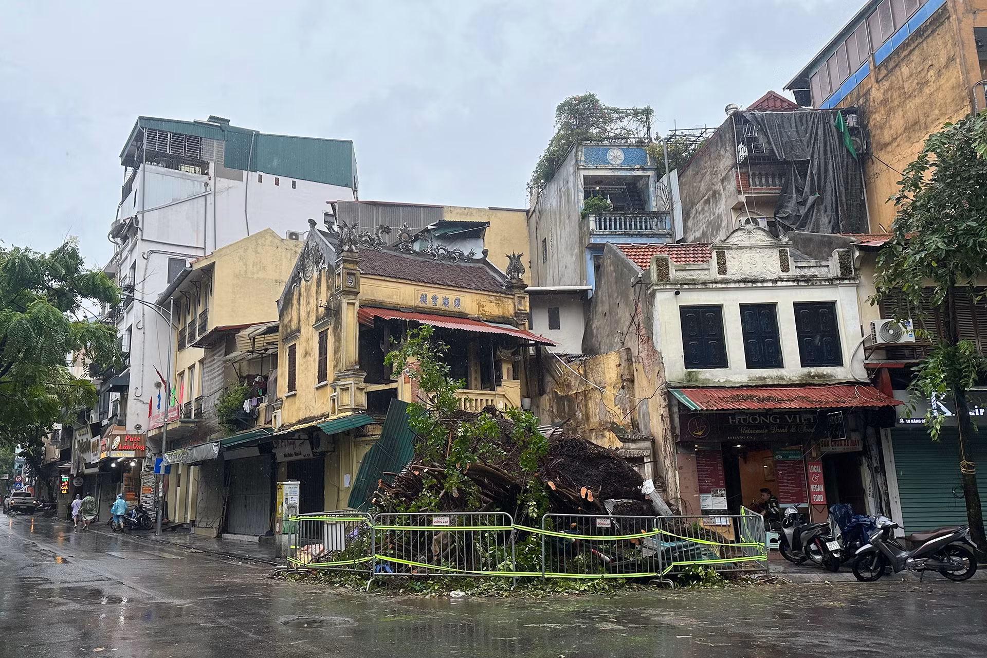 Khu vực cây to gãy đổ tại ngã tư phố Hàng Cá-Chả Cá được lực lượng chức năng phong tỏa để bảo đảm an toàn. (Ảnh: THỦY NGUYÊN)