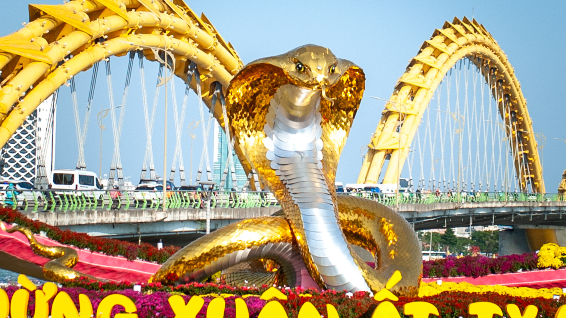 Với thiết kế uy nghi, linh vật rắn Ất Tỵ 2025 trên đường hoa Bạch Đằng được tạo hình theo rắn hổ mang, có chiều cao 5m, phần mang phùng rộng 2,6m, phần thân uốn lượn rộng trên nền diện tích 6,35mx4,6m.