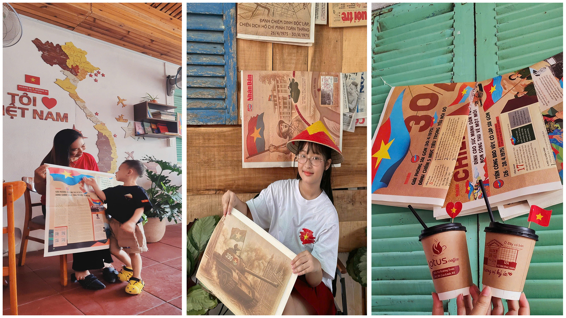 Khách chụp ảnh lưu niệm bên tờ phụ san ở quán Lotus Coffee và quán Tiệm nhà mình (thành phố Cao Lãnh).