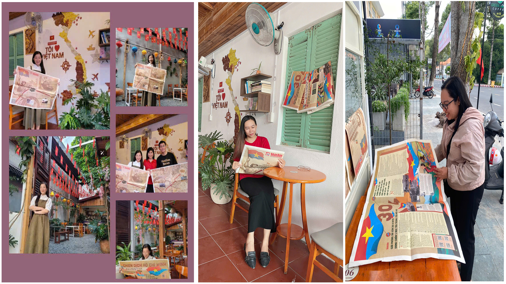 Khách đến các quán giải khát ở Đồng Tháp tìm đọc phụ san và chụp ảnh bên tờ phụ san đặc biệt của Báo Nhân Dân. (Ảnh: HỮU NGHĨA)