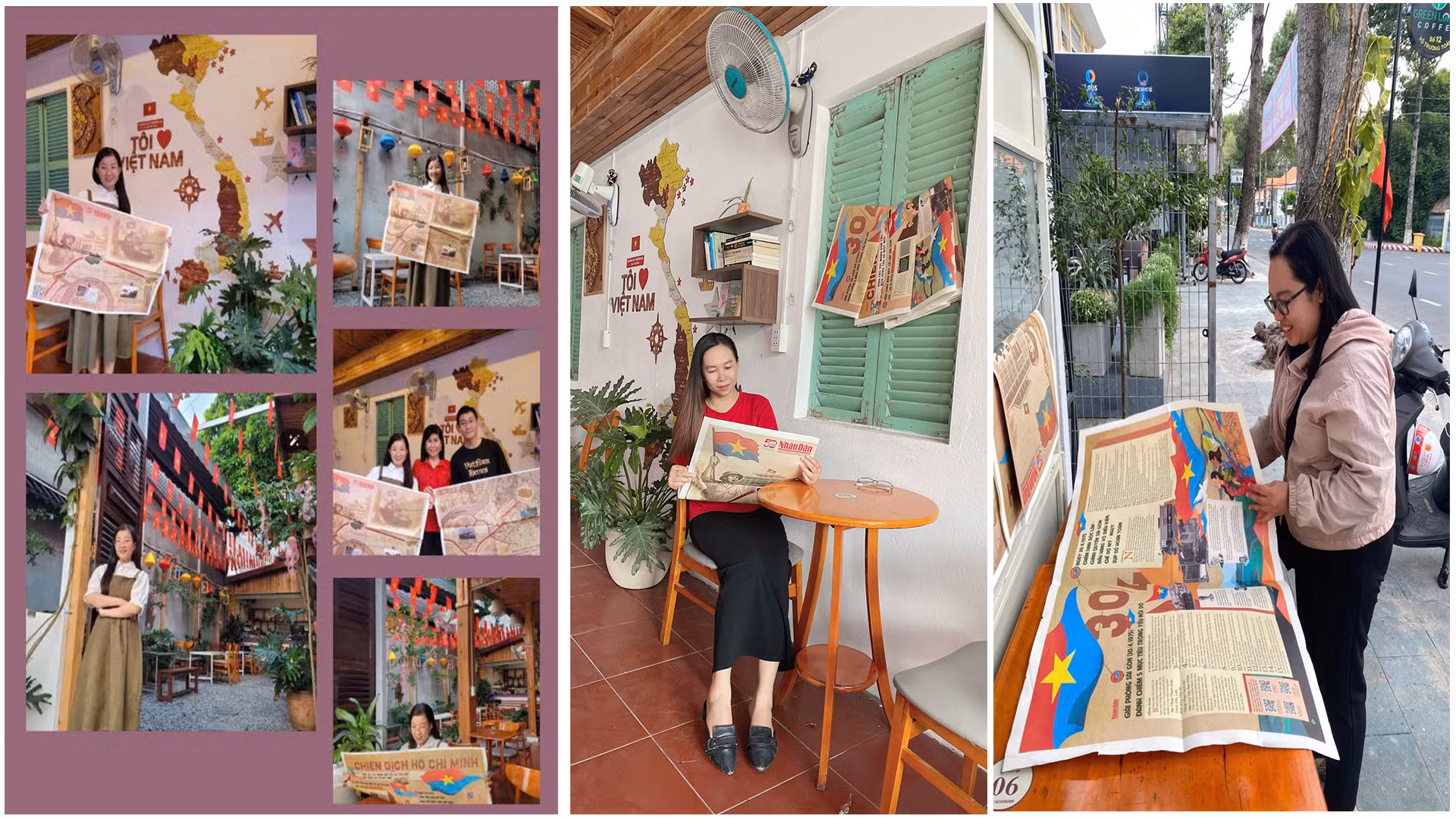 Khách đến các quán giải khát ở Đồng Tháp tìm đọc phụ san và chụp ảnh bên tờ phụ san đặc biệt của Báo Nhân Dân. (Ảnh: HỮU NGHĨA)