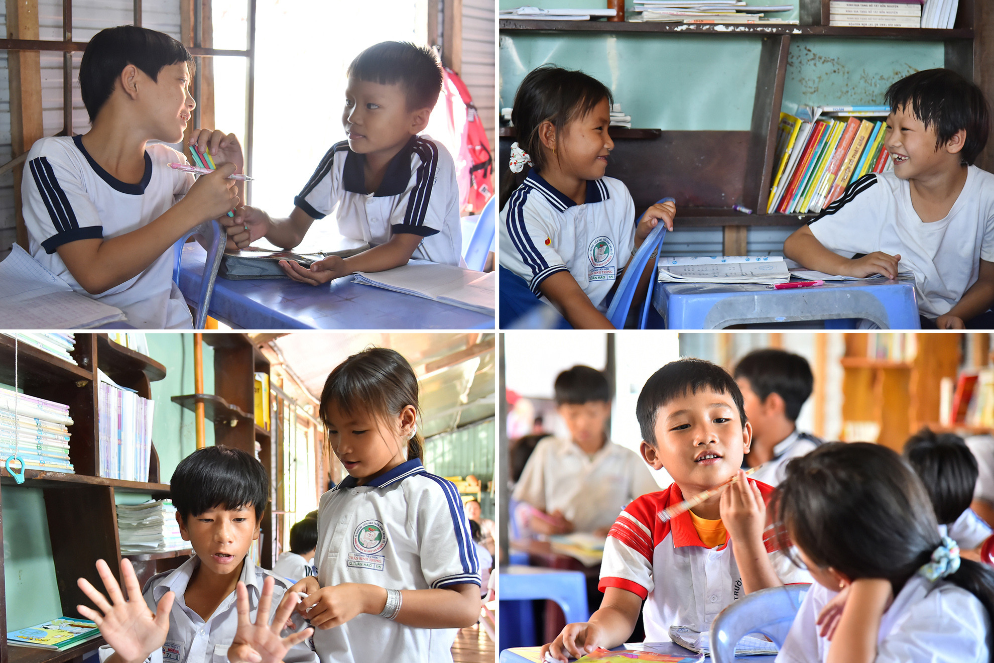 Tan buổi học, trong tiếng cười giòn tan, tiếng gọi nhau í ới, những đứa trẻ vẫn nán lại lớp để trao đổi và nói nốt câu chuyện còn dang dở lúc giải lao. Có bạn lại tranh thủ trao đổi bài với nhau. Tan buổi học, trong tiếng cười giòn tan, tiếng gọi nhau í ới, những đứa trẻ vẫn nán lại lớp để trao đổi và nói nốt câu chuyện còn dang dở lúc giải lao. Có bạn lại tranh thủ trao đổi bài với nhau.