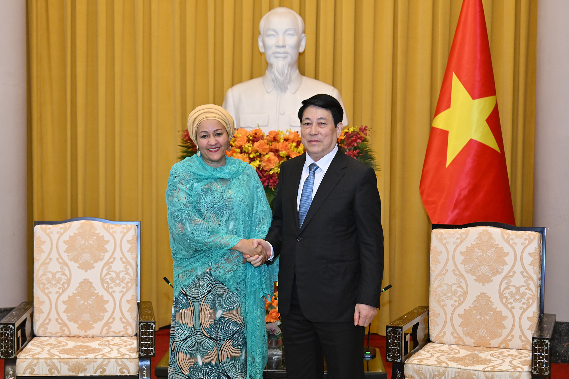 Chủ tịch nước Lương Cường và Phó Tổng thư ký Liên hợp quốc Amina J.Mohammed tại buổi tiếp.