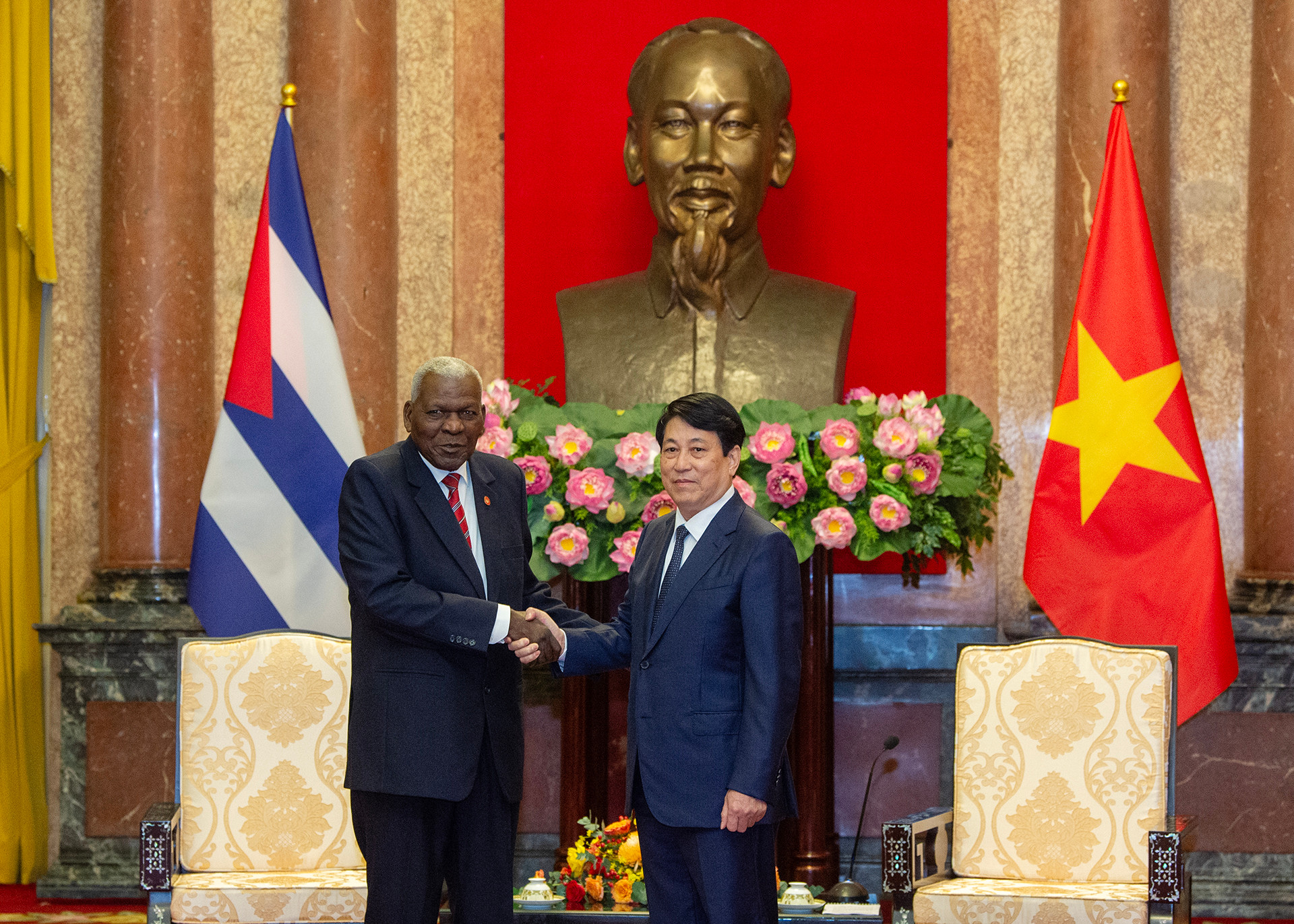 Chủ tịch nước Lương Cường và Chủ tịch Quốc hội Cuba Esteban Lazo Hernandez tại buổi tiếp.