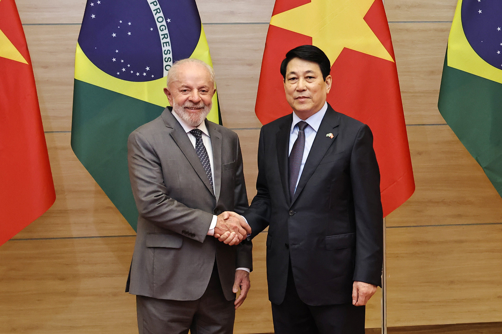 Chủ tịch nước Lương Cường và Tổng thống Brazil Luiz Inacio Lula da Silva tại buổi chiêu đãi.