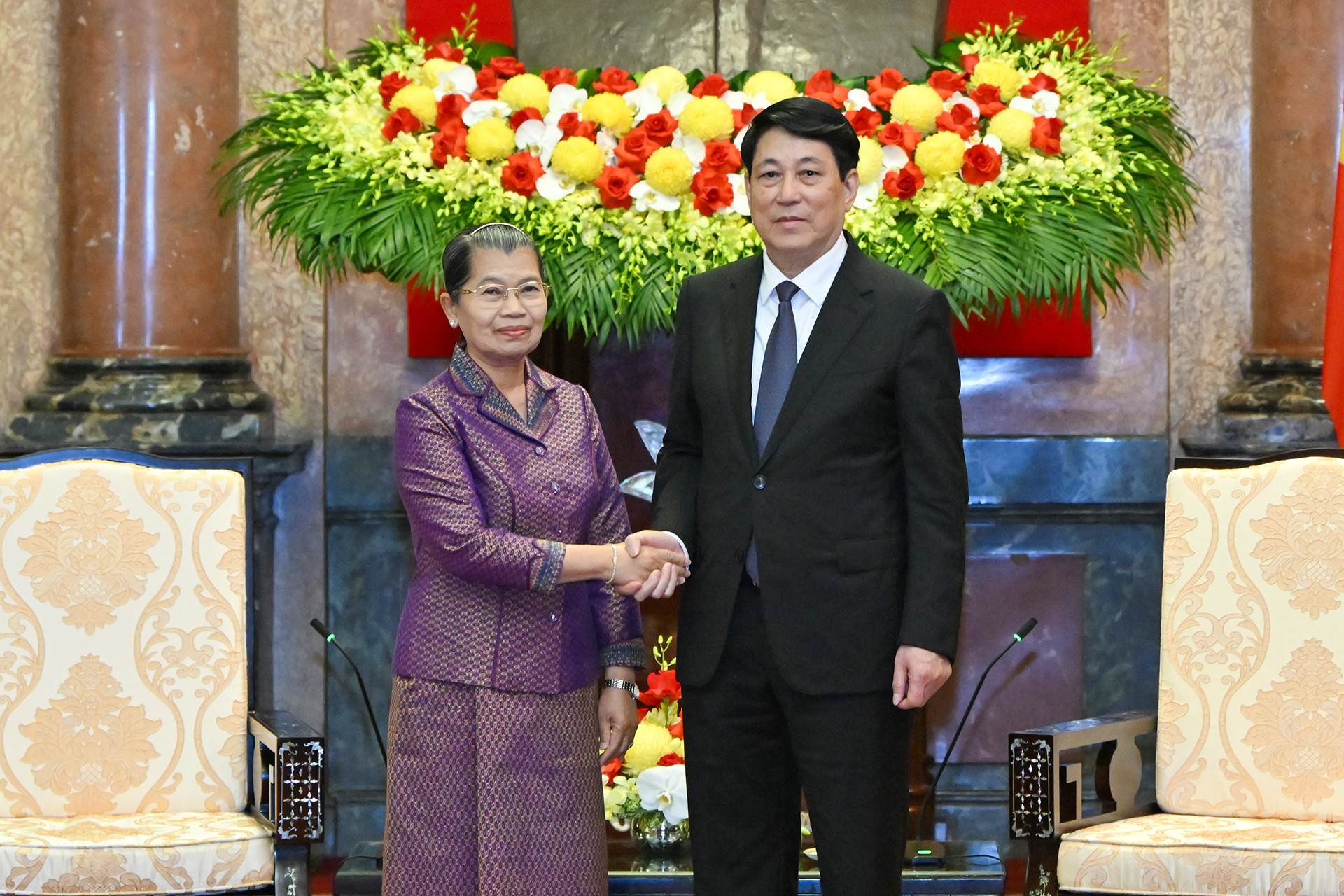 Chủ tịch nước Lương Cường và Phó Chủ tịch Đảng Nhân dân Campuchia Men Sam An tại buổi tiếp.