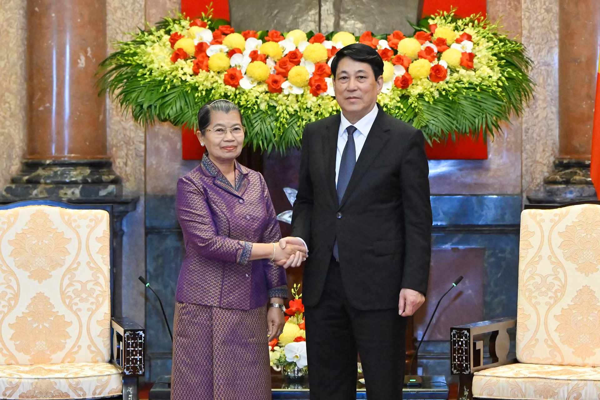 Chủ tịch nước Lương Cường và Phó Chủ tịch Đảng Nhân dân Campuchia Men Sam An tại buổi tiếp.