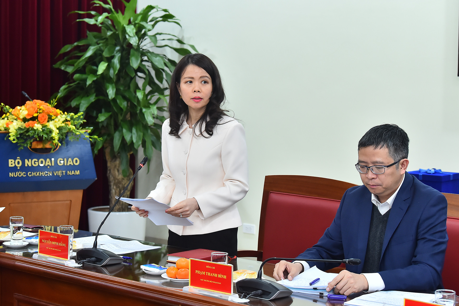 Thứ trưởng Ngoại giao Nguyễn Minh Hằng trình bày báo cáo tại buổi làm việc.
