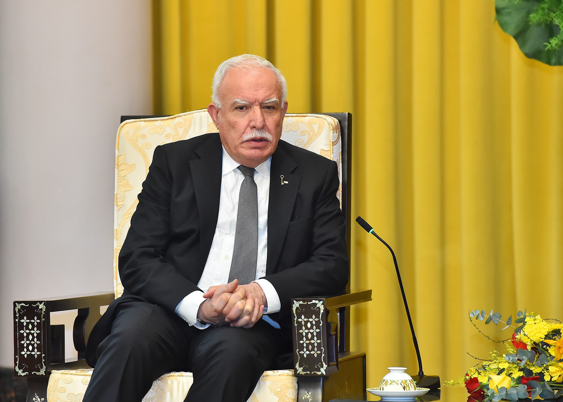 Ông Riad Malki, Đặc phái viên của Tổng thống Palestine phát biểu tại buổi tiếp.