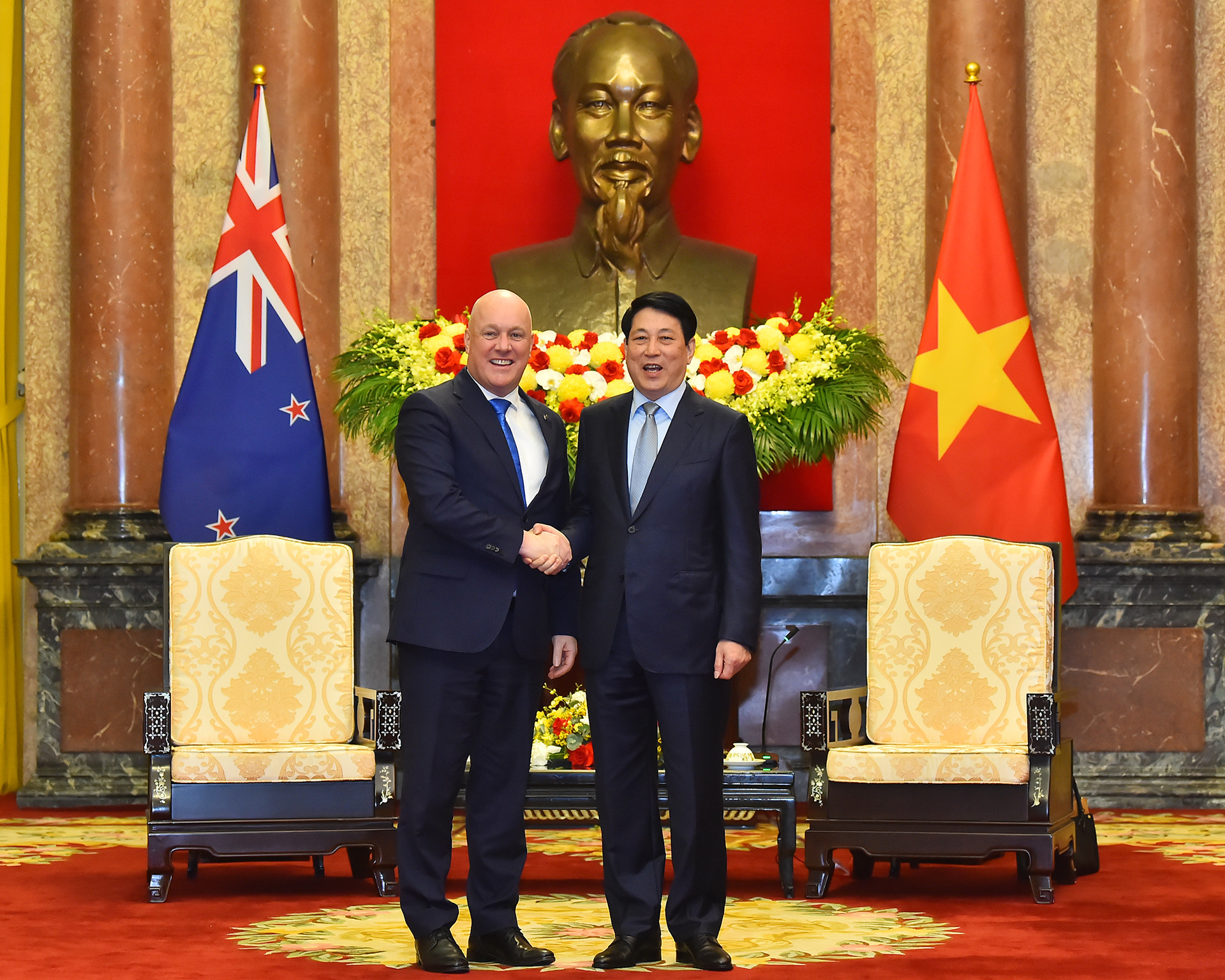 Chủ tịch nước Lương Cường và Thủ tướng New Zealand Christopher Luxon tại buổi tiếp.