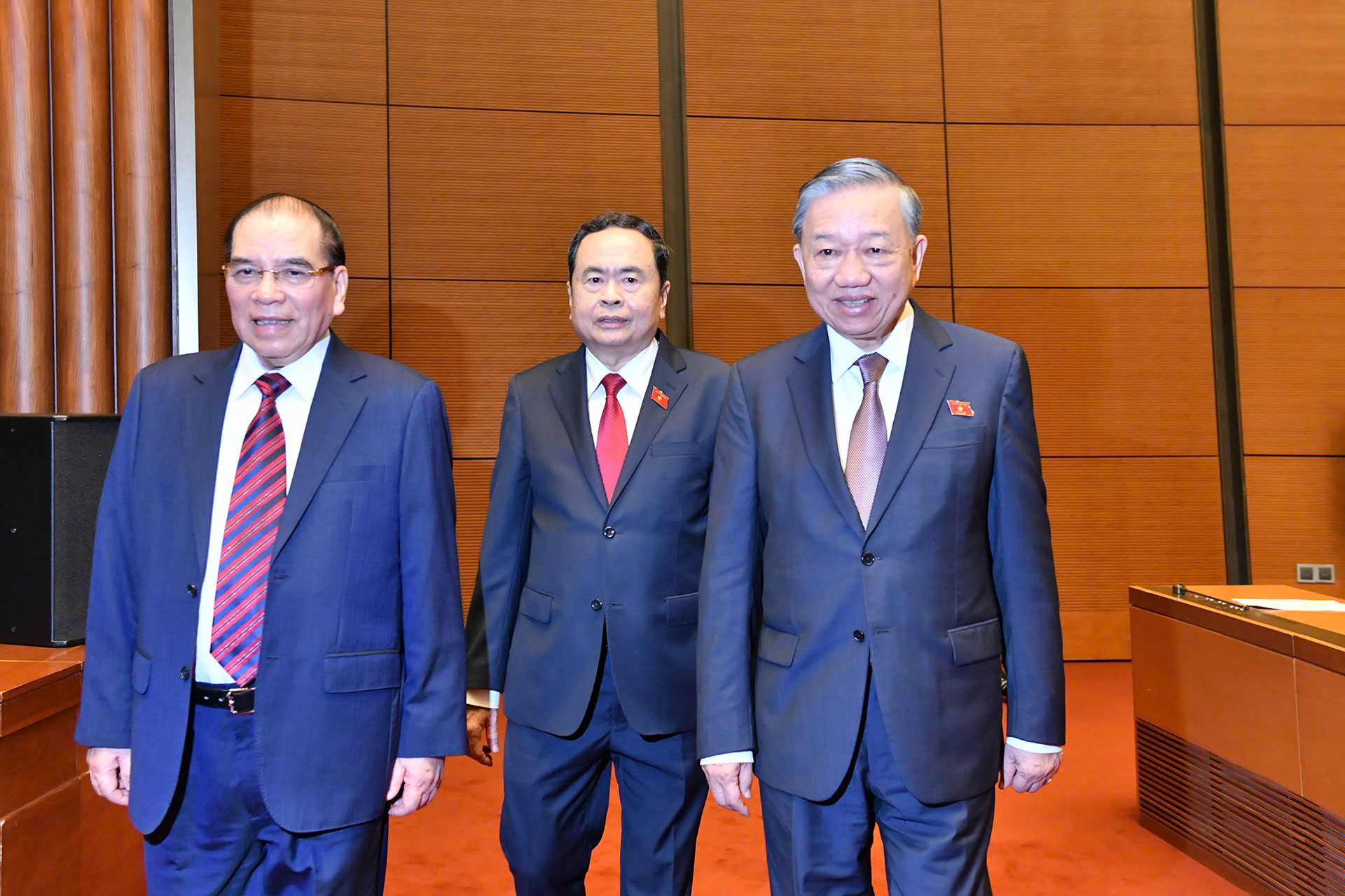 Tổng Bí thư, Chủ tịch nước Tô Lâm, nguyên Tổng Bí thư Nông Đức Mạnh, Chủ tịch Quốc hội Trần Thanh Mẫn dự phiên khai mạc Kỳ họp thứ 8.