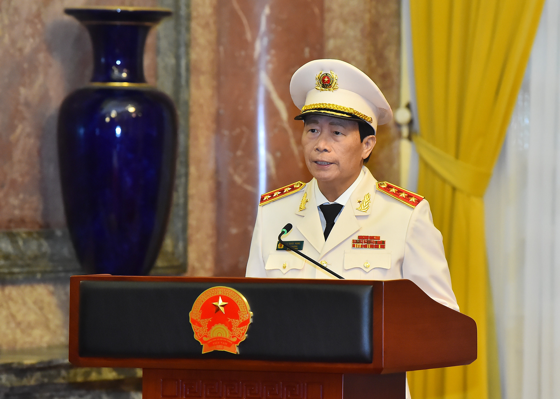 Thượng tướng Lê Quốc Hùng, Ủy viên Trung ương Đảng, Thứ trưởng Công an phát biểu ý kiến tại buổi lễ.