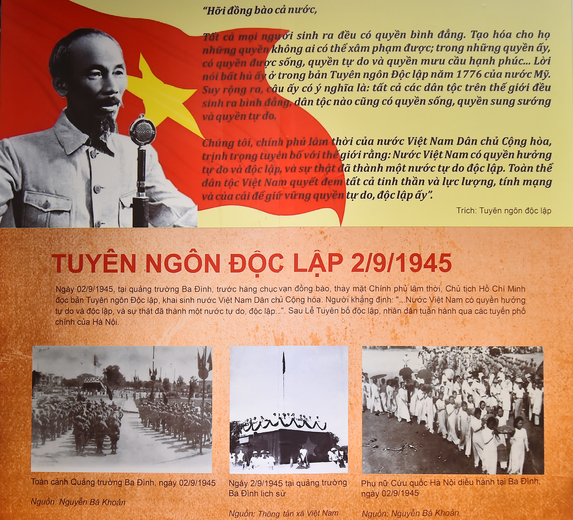Quảng trường Ba Đình (Thủ đô Hà Nội), ngày 2/9/1945, là nơi Chủ tịch Hồ Chí Minh đọc bản Tuyên ngôn Độc lập, khai sinh nước Việt Nam Dân chủ Cộng hòa. Quảng trường Ba Đình (Thủ đô Hà Nội), ngày 2/9/1945, là nơi Chủ tịch Hồ Chí Minh đọc bản Tuyên ngôn Độc lập, khai sinh nước Việt Nam Dân chủ Cộng hòa.