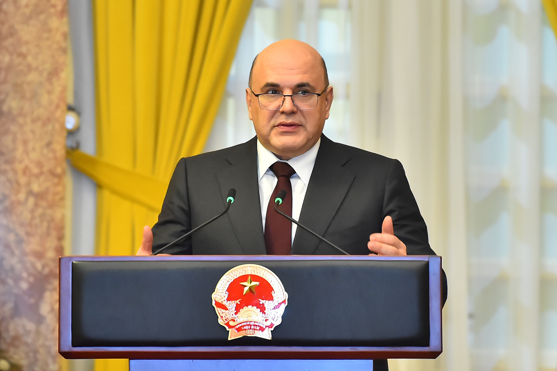 Thủ tướng Nga Mikhail Vladimirovich Mishustin phát biểu tại buổi lễ.