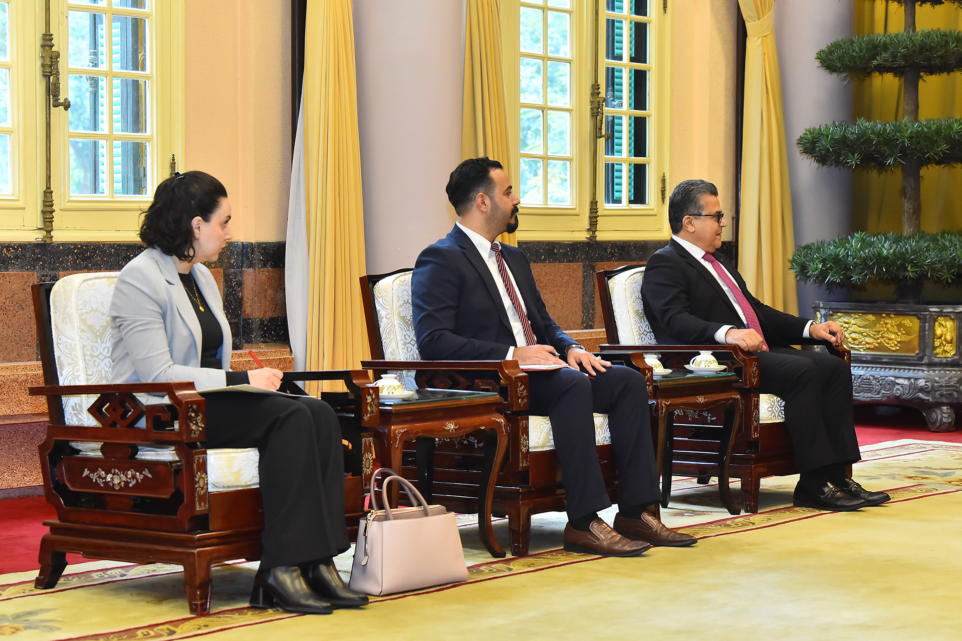 Các đại biểu tháp tùng ông Riad Malki, Đặc phái viên của Tổng thống Palestine tham dự buổi tiếp.