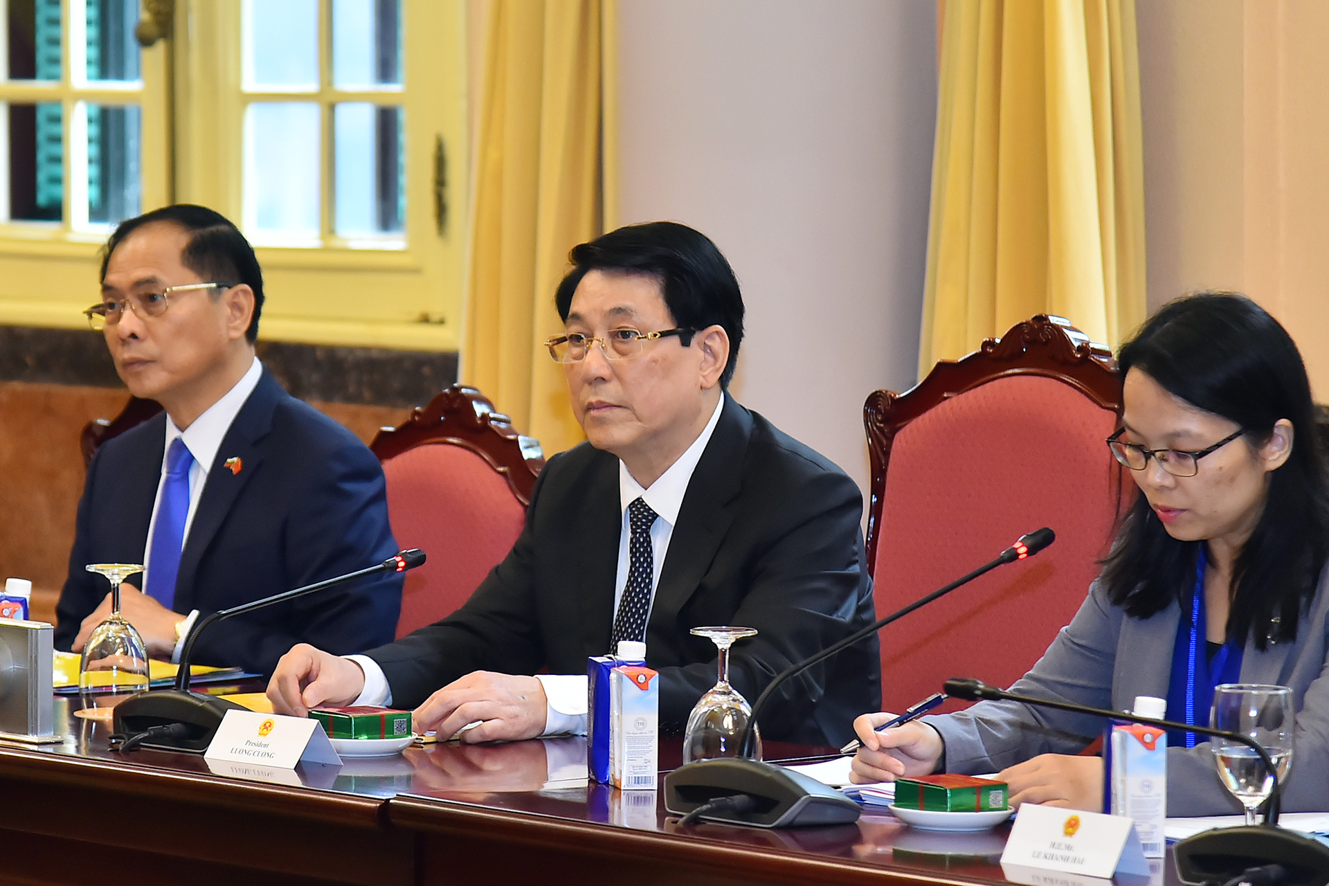 Chủ tịch nước Lương Cường phát biểu tại hội đàm. Chủ tịch nước Lương Cường phát biểu tại hội đàm.