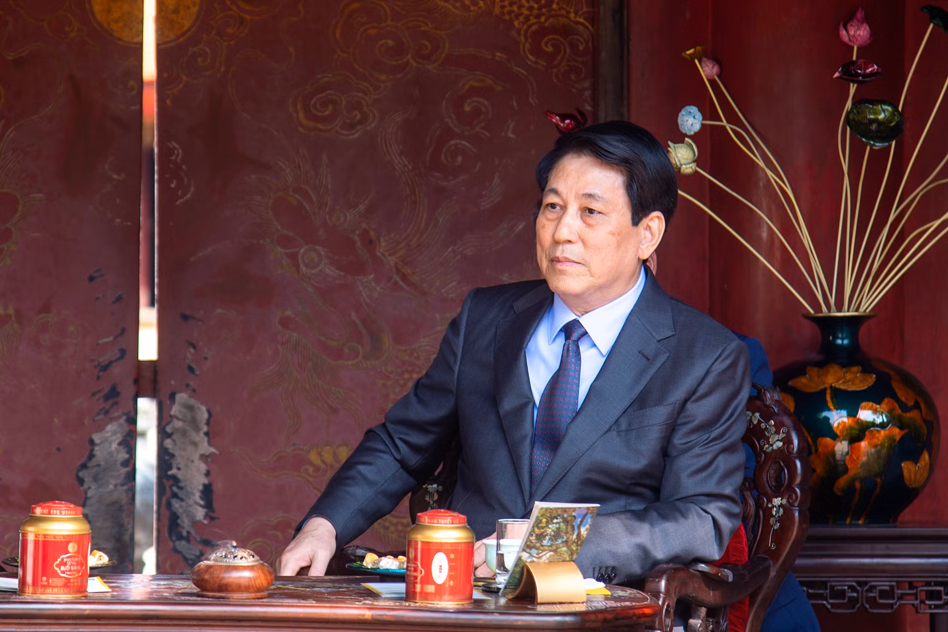 Chủ tịch nước Lương Cường phát biểu tại buổi thưởng trà.