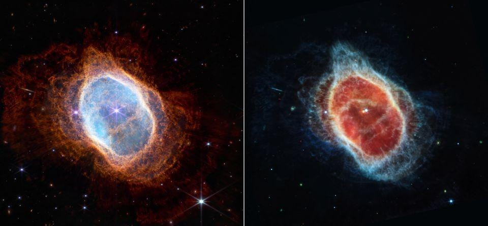 Hình ảnh tinh vân Chiếc nhẫn phương nam (Southern Ring Nebula) trong ánh sáng hồng ngoại cận (bên trái) và hồng ngoại trung (bên phải) do kính James Webb chụp. (Ảnh: NASA, ESA, CSA, STScI/Reuters)
