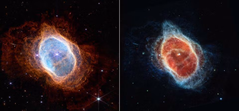 Hình ảnh tinh vân Chiếc nhẫn phương nam (Southern Ring Nebula) trong ánh sáng hồng ngoại cận (bên trái) và hồng ngoại trung (bên phải) do kính James Webb chụp. (Ảnh: NASA, ESA, CSA, STScI/Reuters)