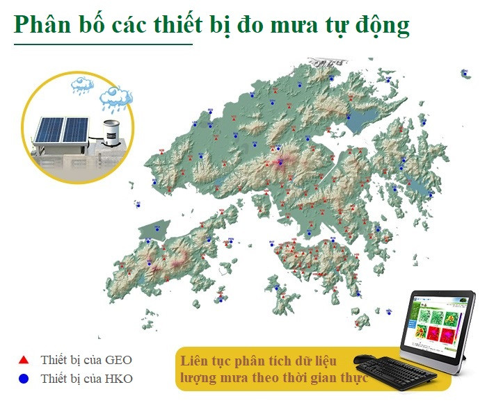 Bản đồ phân bố các hệ thống đo mưa tự động của Hồng Kông (Trung Quốc). (Nguồn: HKSS)