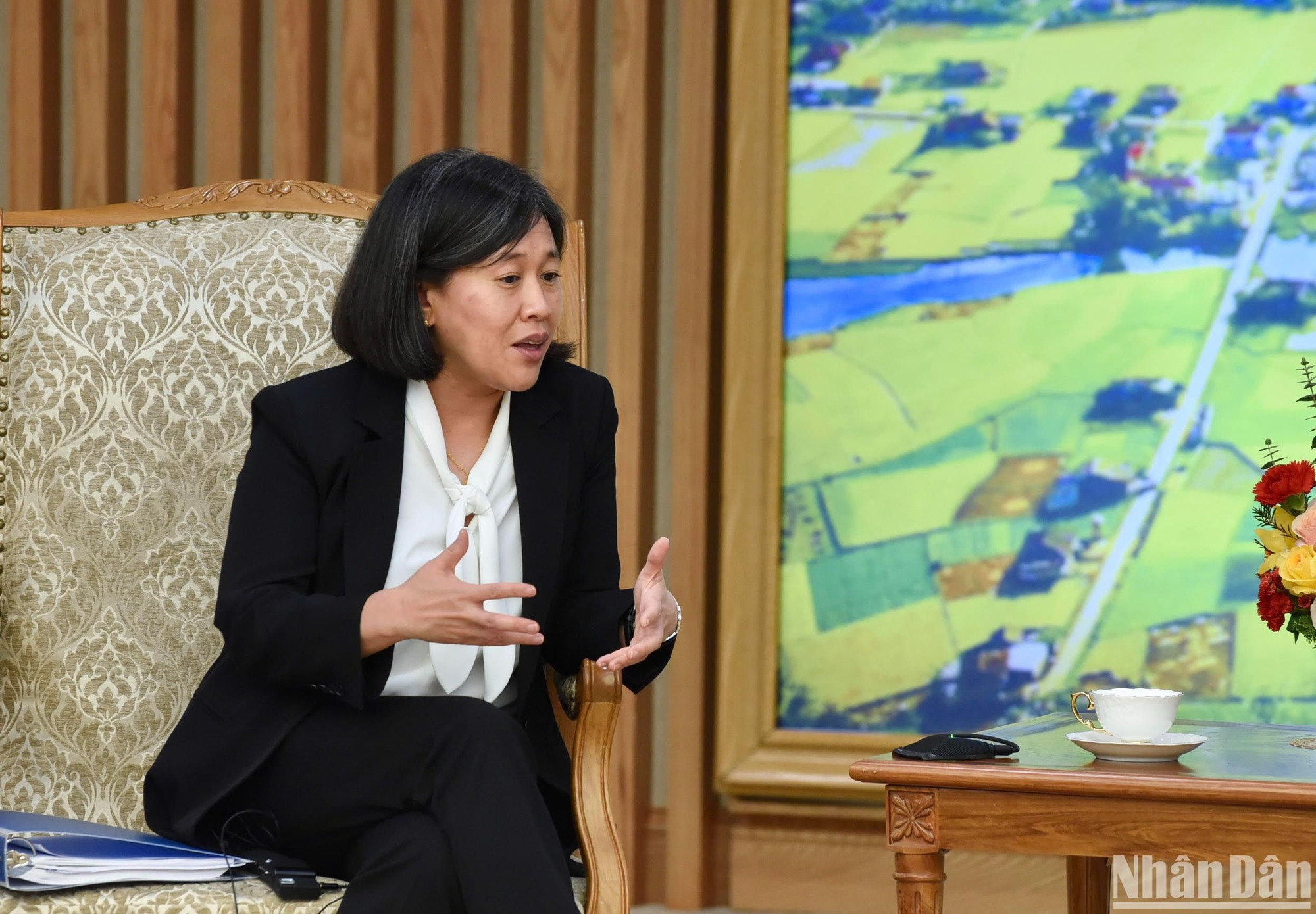 Bà Katherine Tai, Đại diện Thương mại Hoa Kỳ (USTR) phát biểu tại buổi tiếp.