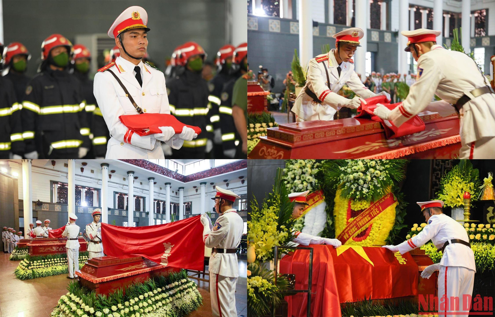 Bắt đầu Lễ tang, Ban Tổ chức lễ tang thực hiện nghi lễ phủ cờ Tổ quốc lên linh cữu của 3 Liệt sĩ.