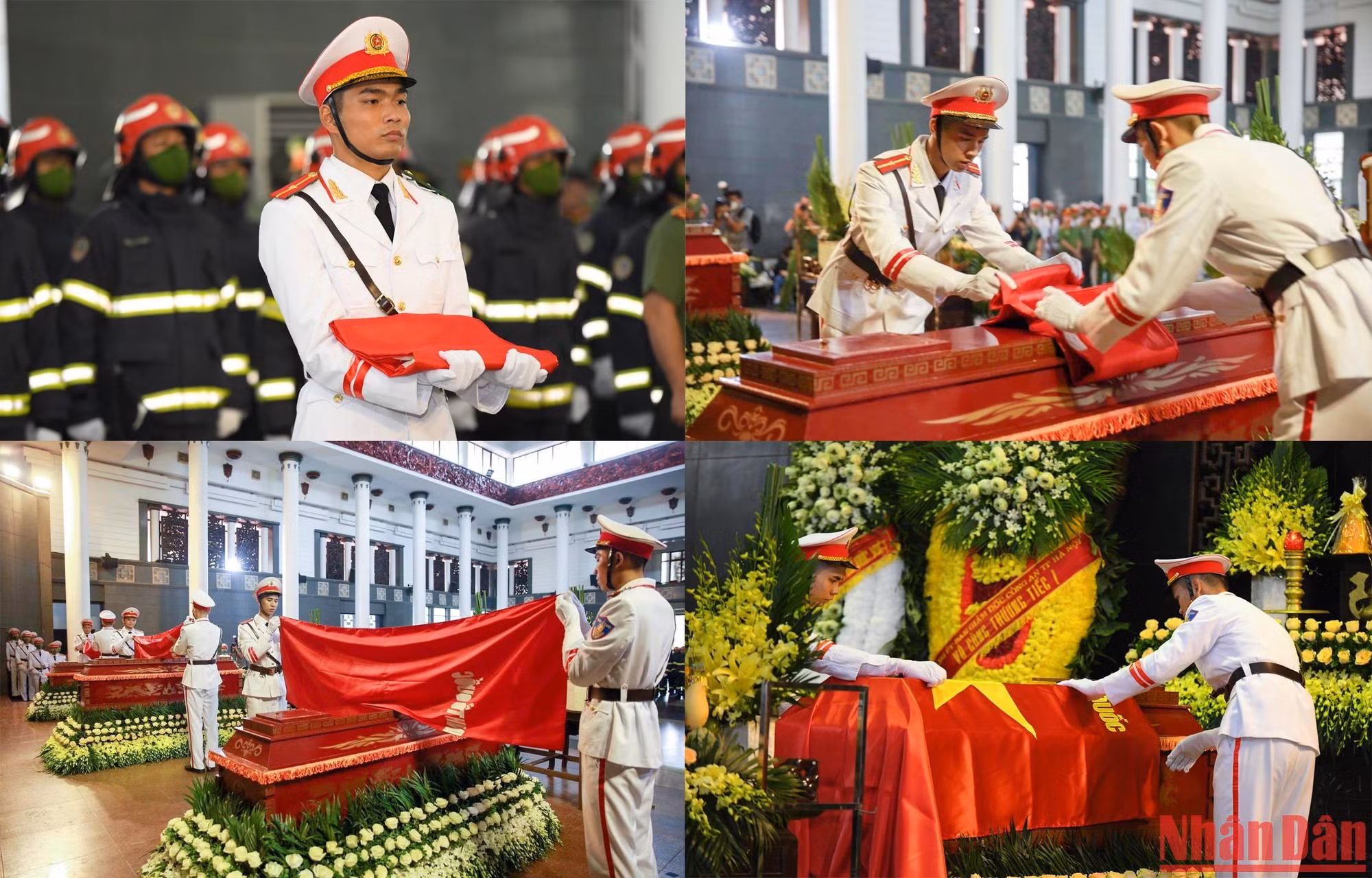 Bắt đầu Lễ tang, Ban Tổ chức lễ tang thực hiện nghi lễ phủ cờ Tổ quốc lên linh cữu của 3 Liệt sĩ.