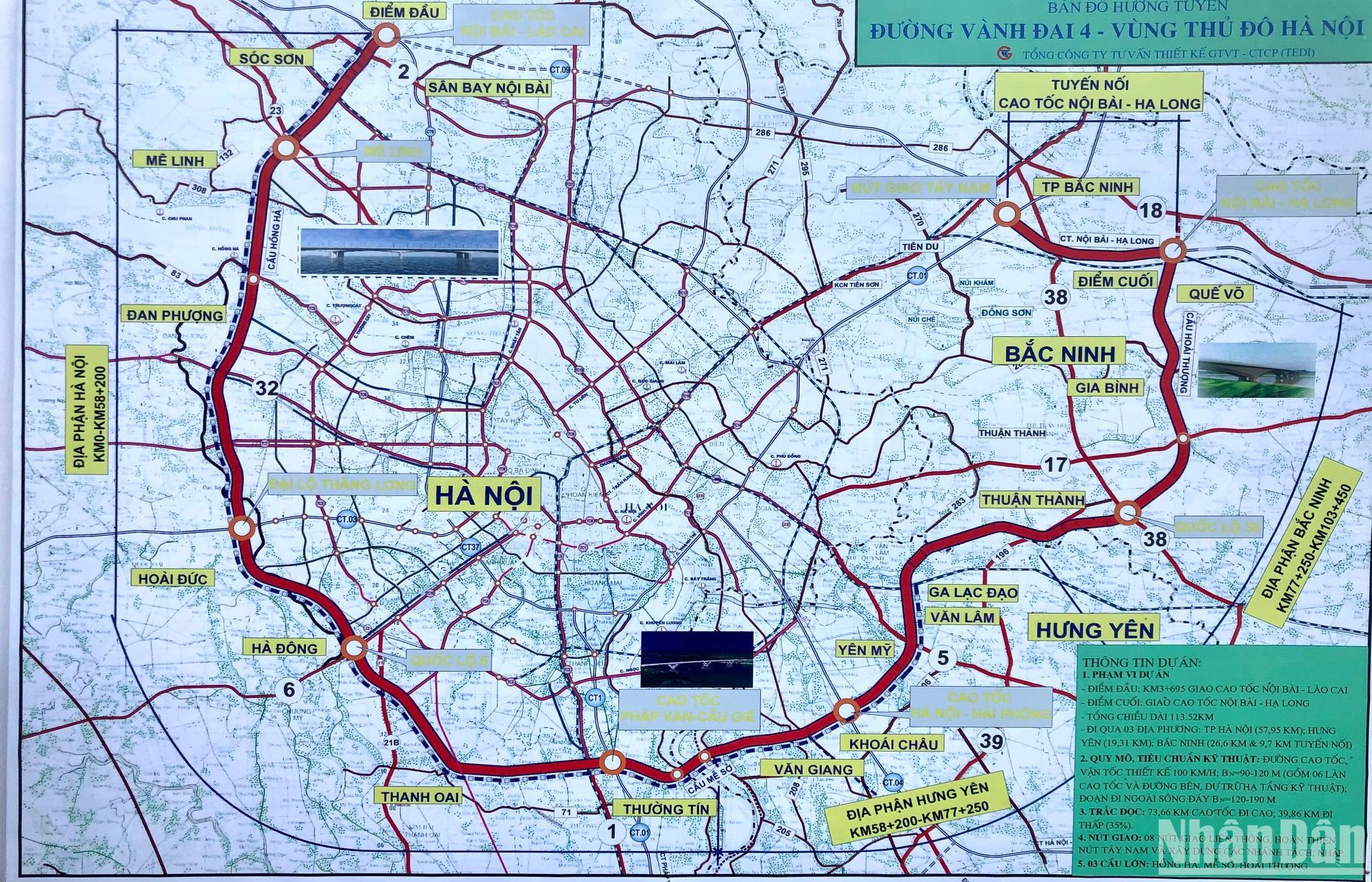 Dự án dài khoảng 112,8km, quy mô phân kỳ 4 làn xe, tổng mức đầu tư khoảng 85.813 tỷ đồng, gồm: ngân sách Trung ương 28.173 tỷ đồng, ngân sách địa phương 28.193 tỷ đồng, vốn nhà đầu tư 29.447 tỷ đồng. Dự án được chia thành 7 dự án thành phần, trong đó, 1 dự án xây dựng đường cao tốc theo phương thức PPP do UBND Thành phố Hà Nội là cơ quan có thẩm quyền. Dự án đầu tư xây dựng đường Vành đai 4 - Vùng Thủ đô Hà Nội được quy hoạch có quy mô 6 làn xe, tiến trình đầu tư trước năm 2030.