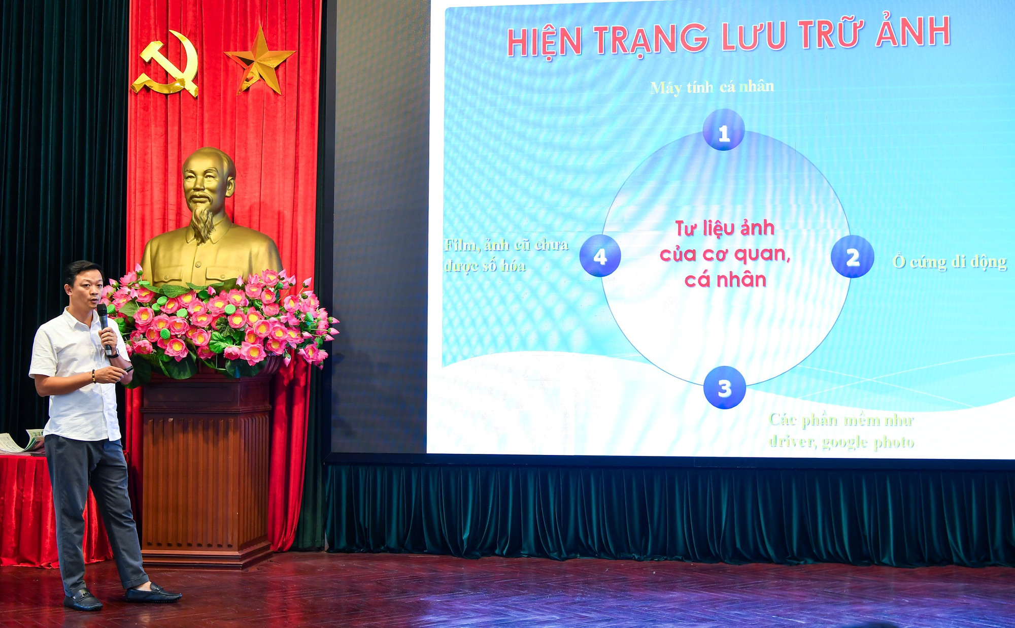 Nhà báo Vũ Duy Linh, Ban Thư ký biên tập thuyết trình về sáng kiến: “Đề án ứng dụng kho dữ liệu ảnh phục vụ xuất bản trên hệ thống CMS báo in và các ấn phẩm”.