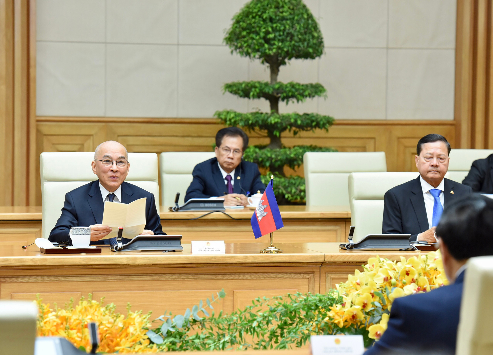 Quốc vương Campuchia Preah Bat Samdech Preah Boromneath Norodom Sihamoni phát biểu tại buổi tiếp kiến.