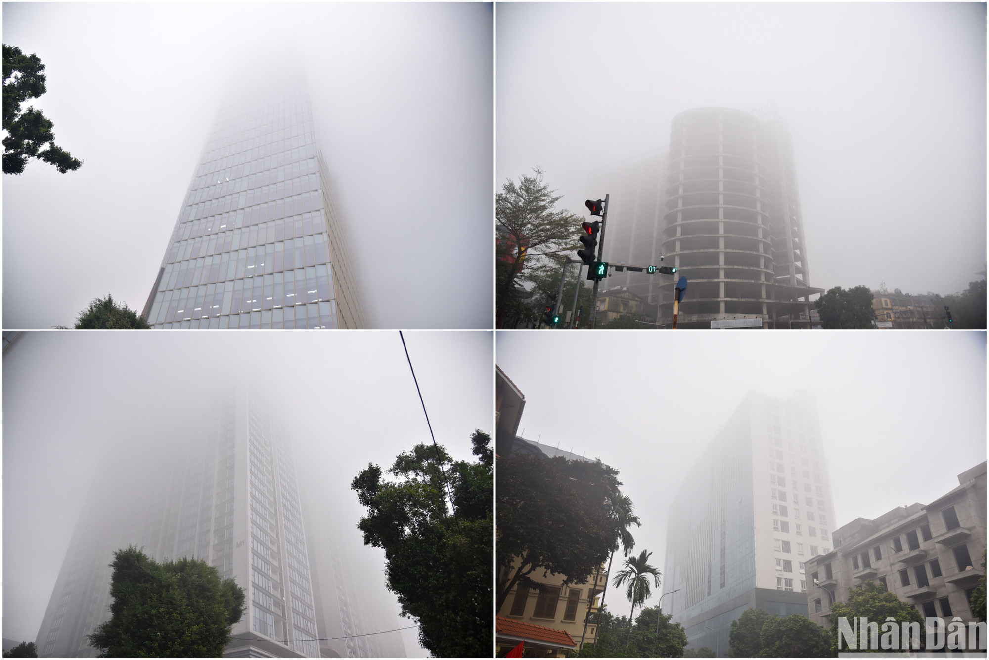 Truyên tuyến đường Liễu Giai, những tòa nhà cao tầng như: Vinhomes Metropolis, Lotte Center Hanoi,… sương mù bao phủ kín các tầng cao của tòa nhà.