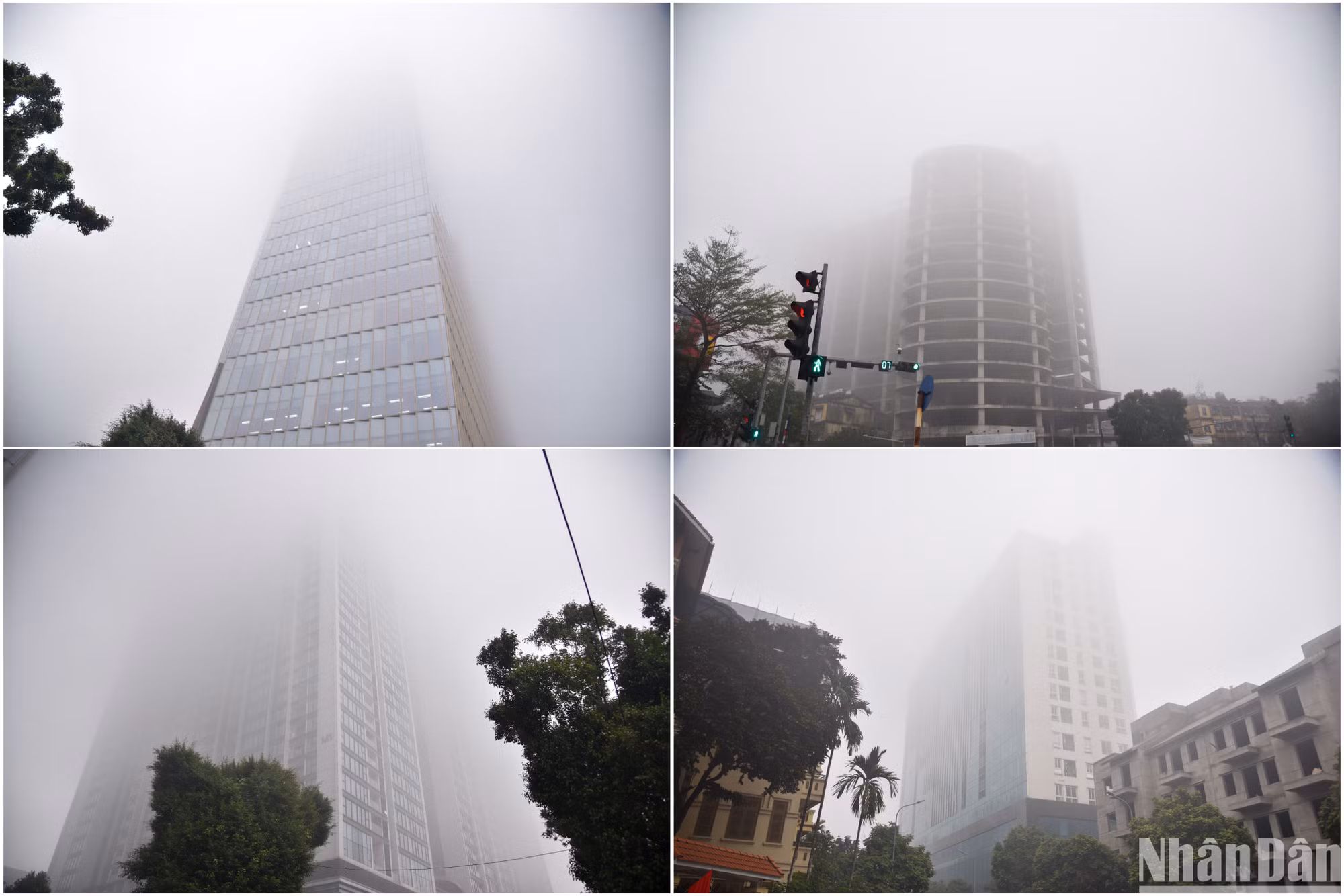 Truyên tuyến đường Liễu Giai, những tòa nhà cao tầng như: Vinhomes Metropolis, Lotte Center Hanoi,… sương mù bao phủ kín các tầng cao của tòa nhà.