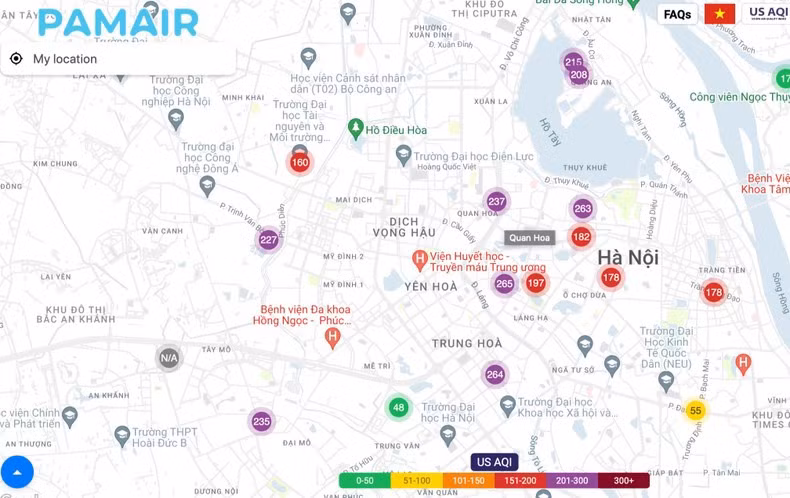 Trang IQAir ghi nhận chỉ số chất lượng không khí của Hà Nội sáng nay là 257 - mức ô nhiễm cao nhất thế giới. Theo bảng chú giải, chỉ số AQI của Việt Nam ở mức tím - rất không tốt.