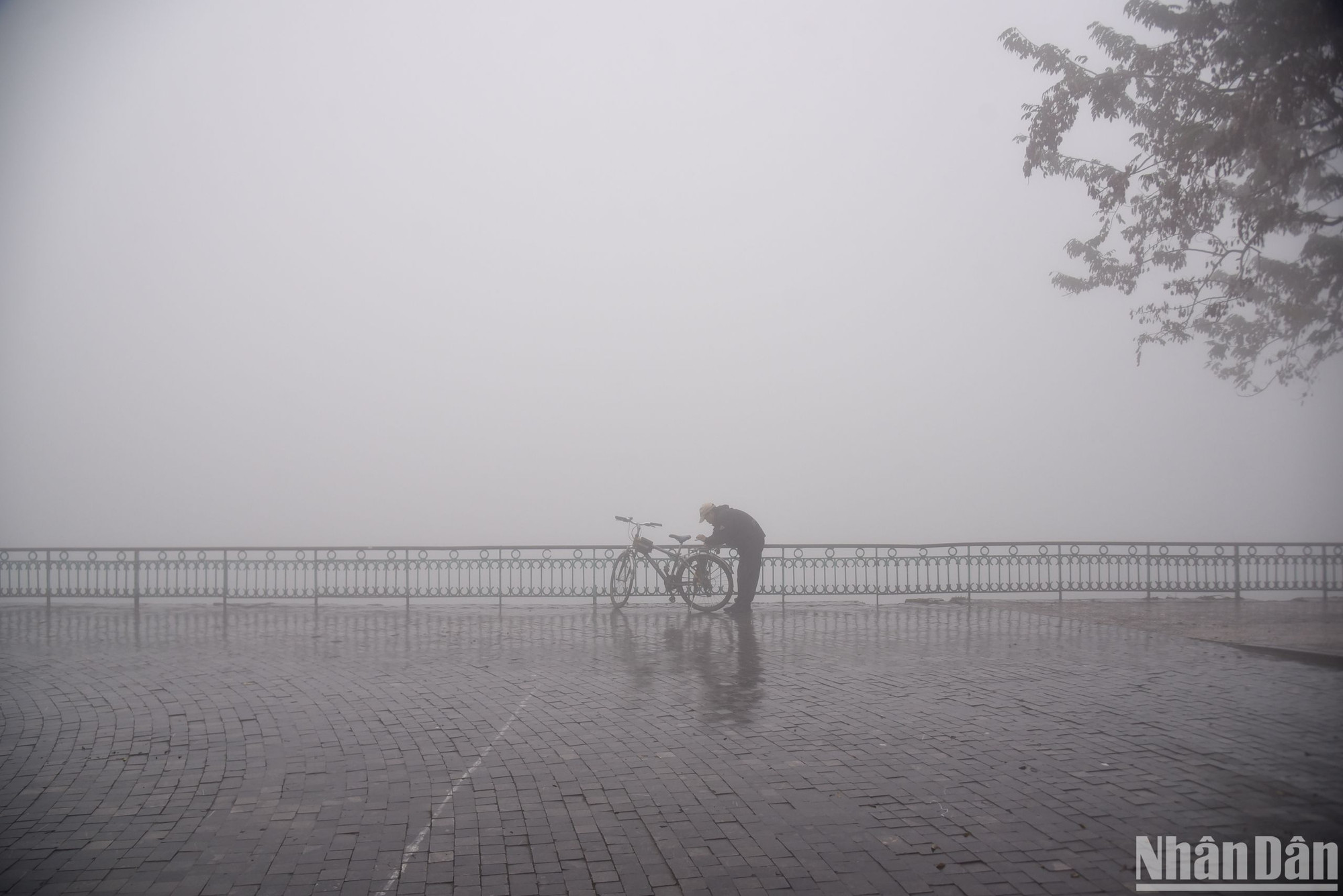 Tại hồ Tây không gian bị bao phủ bởi một màu trắng xóa, không thể nhìn thấy bất kì thứ gì trên mặt hồ.