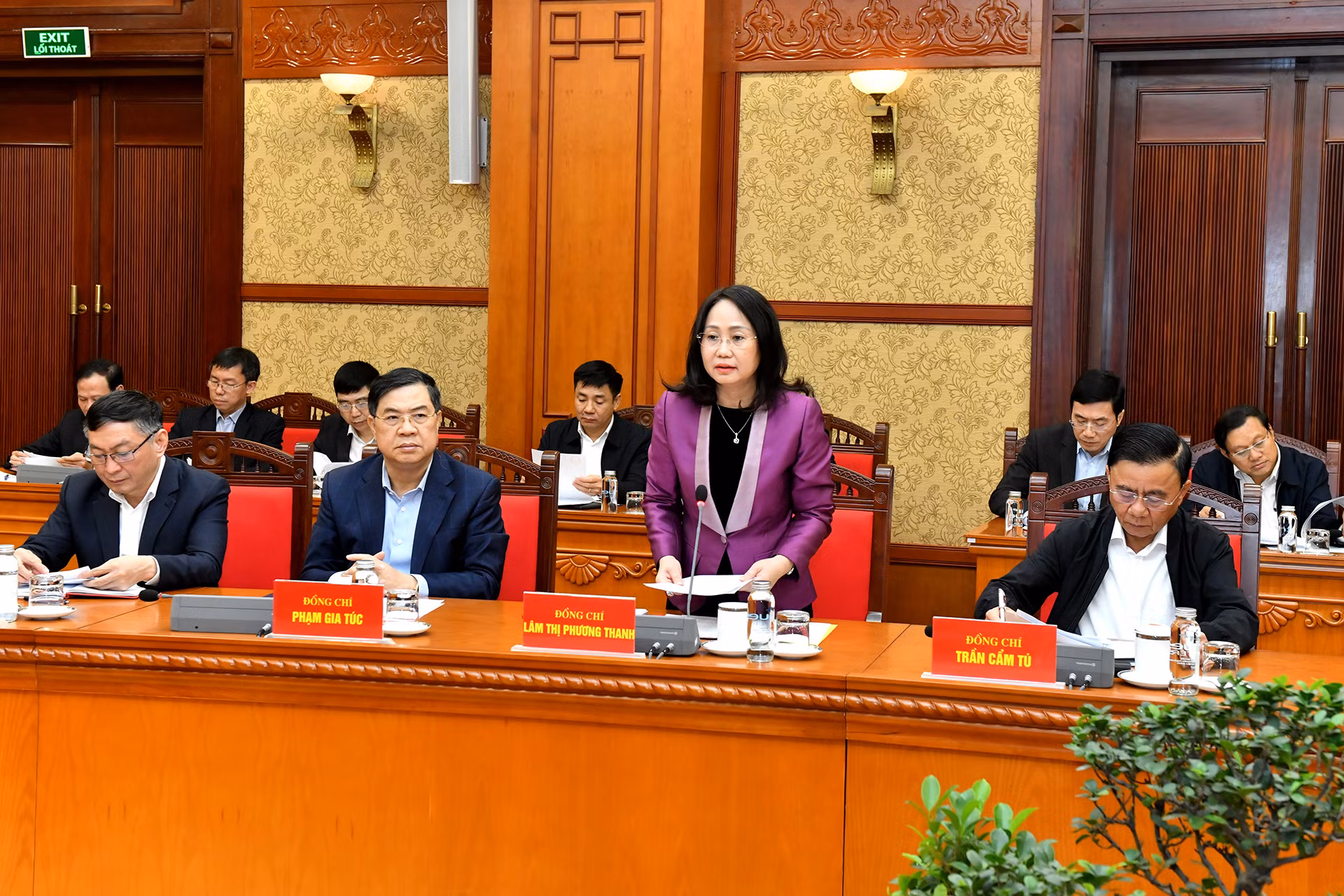 Đồng chí Lâm Thị Phương Thanh, Ủy viên Trung ương Đảng, Phó Chánh Văn phòng Thường trực Văn phòng Trung ương Đảng phát biểu tại phiên họp.