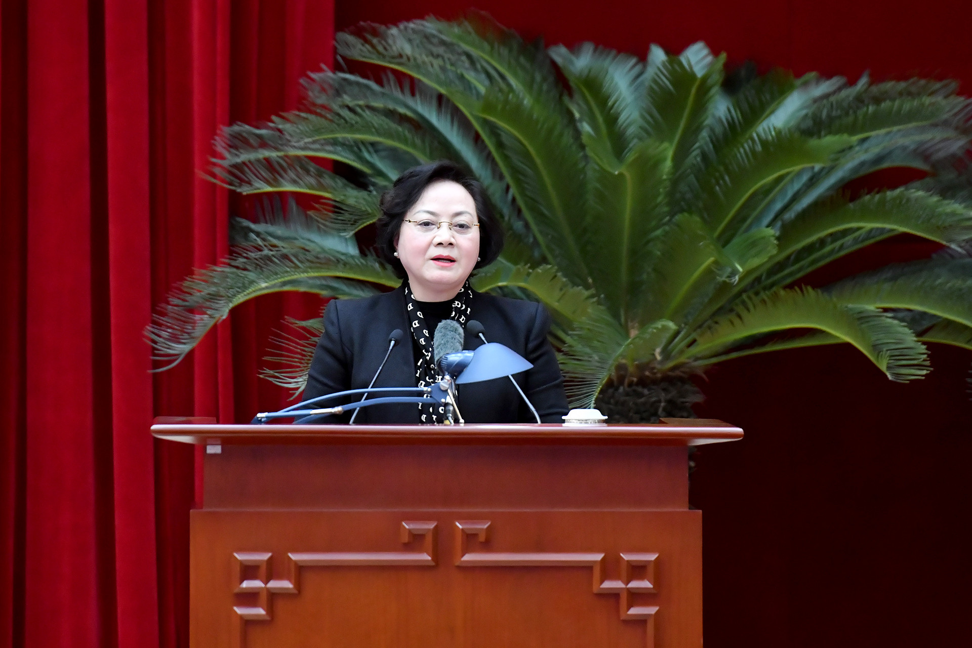 Đồng chí Phạm Thị Thanh Trà, Ủy viên Trung ương Đảng, Bộ trưởng Nội vụ phát biểu tham luận tại hội nghị.