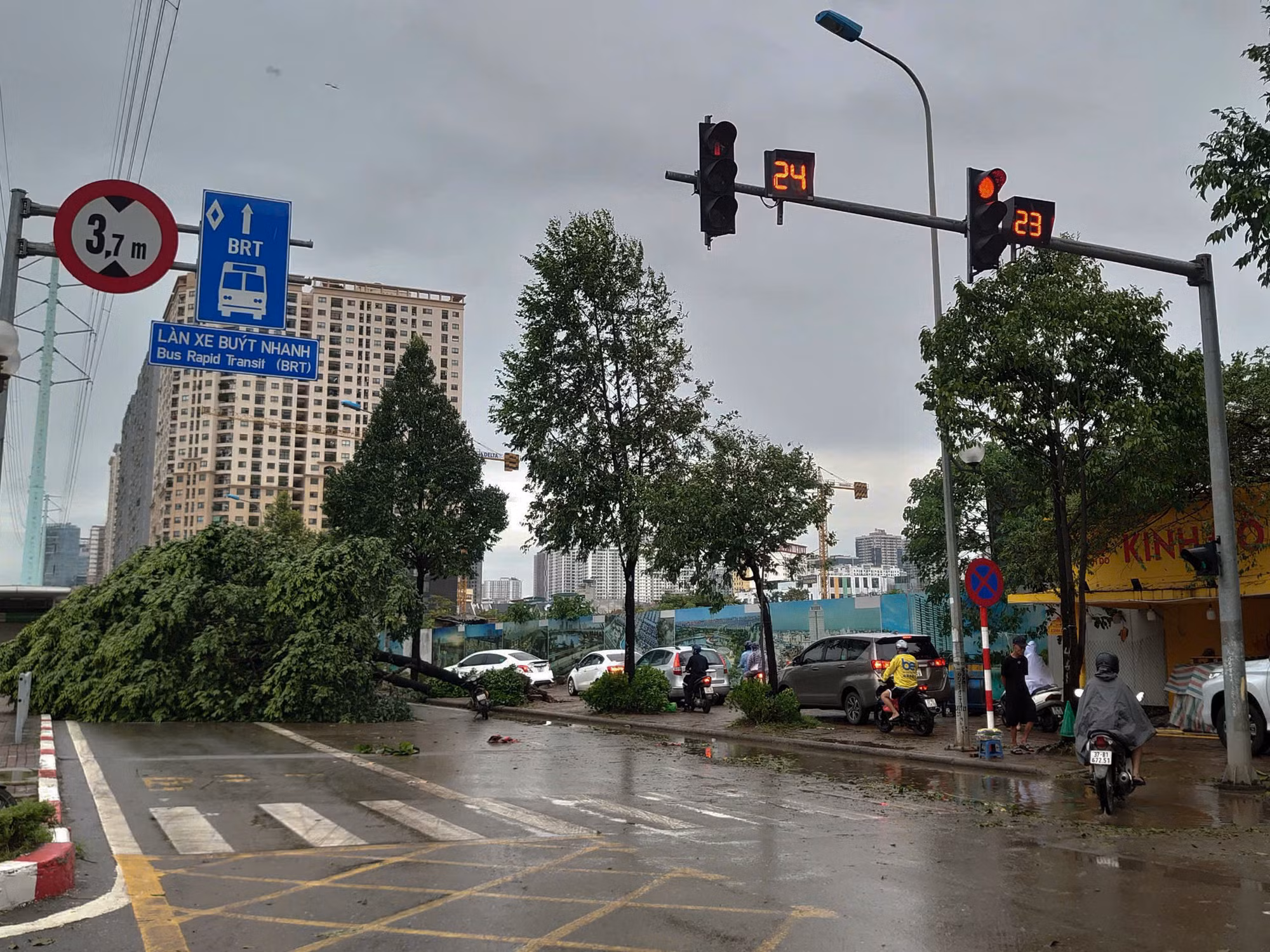 Phố Tố Hữu, cây đổ chắn ngang đường, các phương tiện kể cả ô-tô phải đi lên vỉa hè. (Ảnh: DUY LINH) Phố Tố Hữu, cây đổ chắn ngang đường, các phương tiện kể cả ô-tô phải đi lên vỉa hè. (Ảnh: DUY LINH)