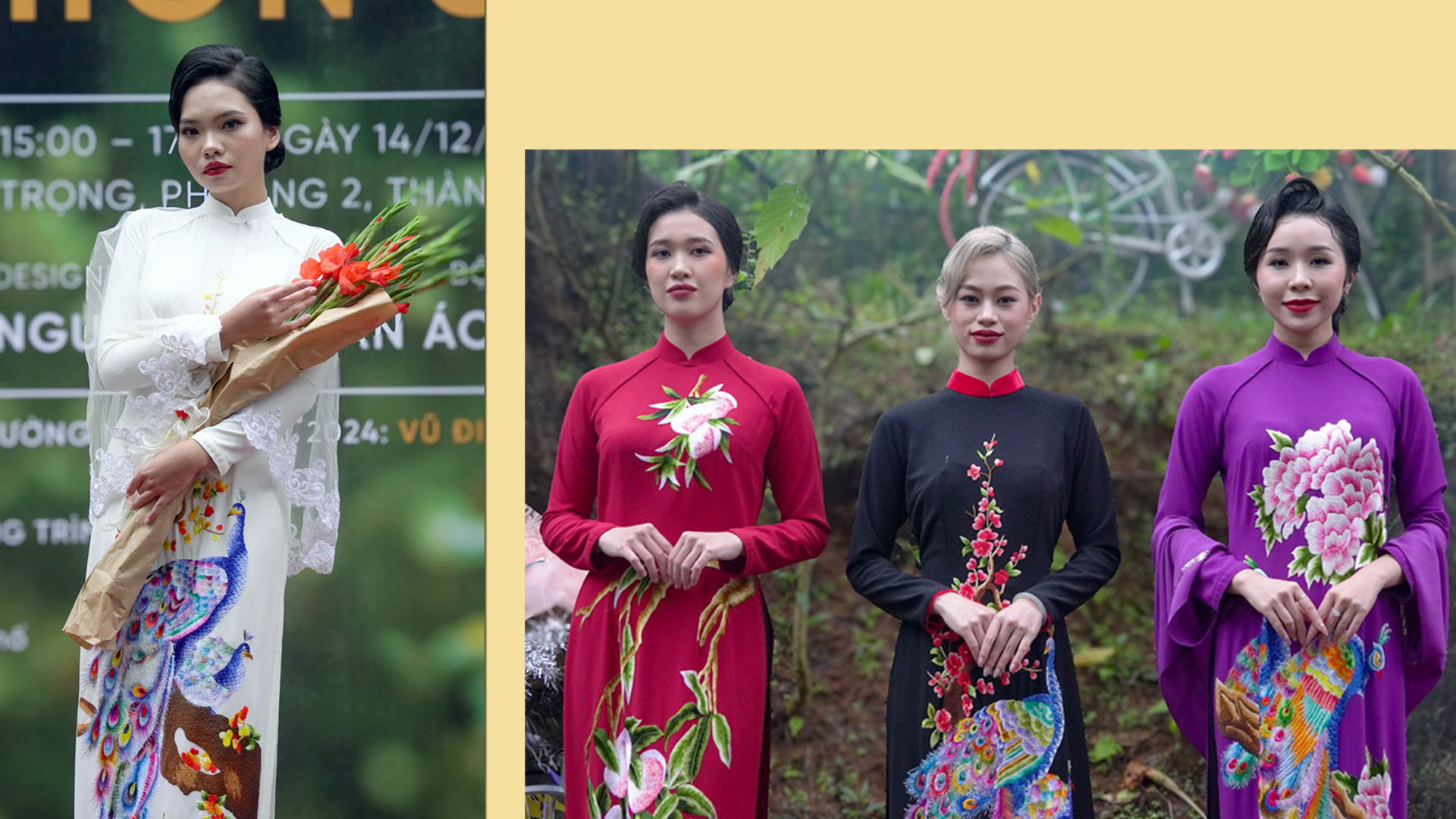 Điểm nhấn đặc biệt của bộ sưu tập chính là những chiếc áo dài móc thủ công. Dù hoa văn, họa tiết phối màu đầy sáng tạo nhưng vẫn thướt tha, yểu điệu.