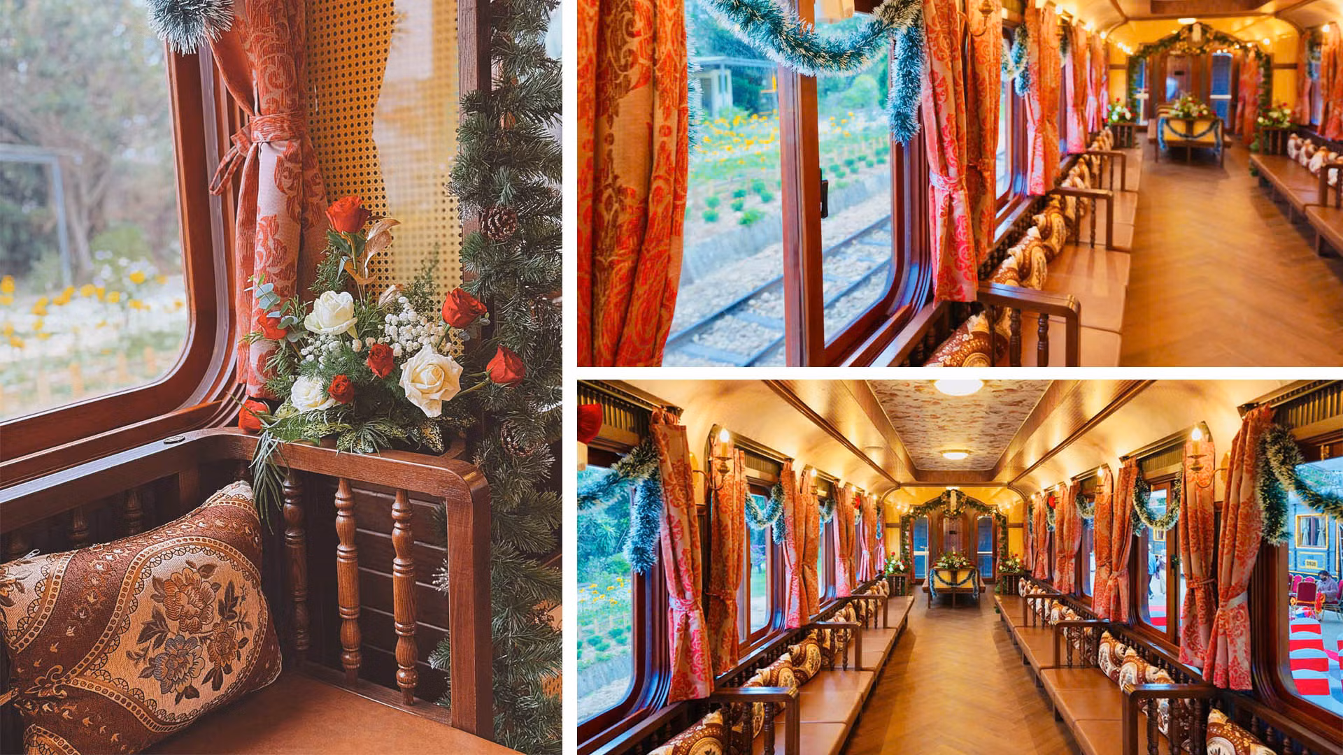 Khoang khách được trang trí mỹ thuật, tranh ảnh họa tiết thanh thoát, đặc trưng màu tím của hoa, cổ kính của Đà Lạt thế kỷ trước, với 36 ghế ngồi dọc hai bên.